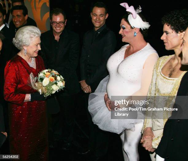 Queen Elizabeth II meets performers backstage after the Royal Variety Performance in Cardiff on November 21, 2005 in Cardiff, Wales.