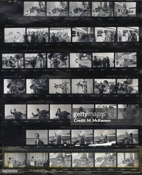 Contact sheet of photos showing English comedian and singer Ken Dodd, arriving at London Airport , 20th September 1965. Dodd is currently at number...