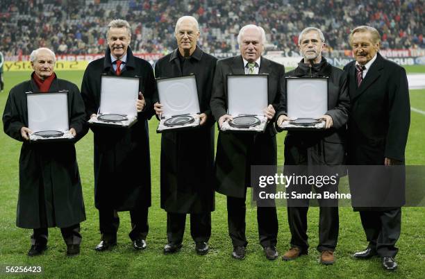 Dettmar Cramer, Ottmar Hitzfeld, Franz Beckenbauer, Udo Lattek, Gerd Mueller and Gerhard Mayer-Vorfelder attend a presentation before the UEFA...