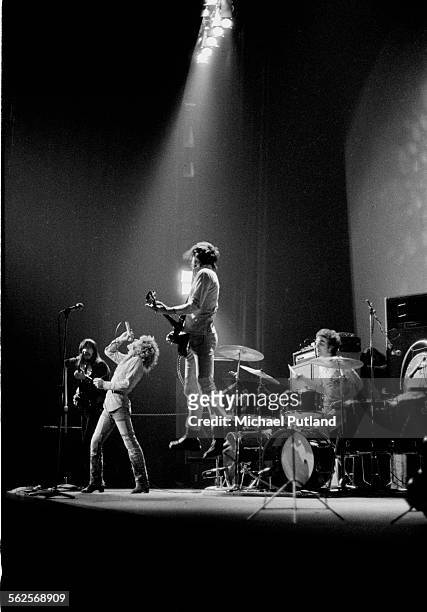 English rock group The Who performing at the Rainbow Theatre, London, November 1971. Left to right: John Entwistle , Roger Daltrey, Pete Townshend...