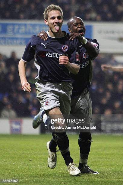 Kevin Doyle of Reading celebrates his goal with Leroy Lita during the Coca Cola Championship match between Ipswich Town and Reading at Portman Road...