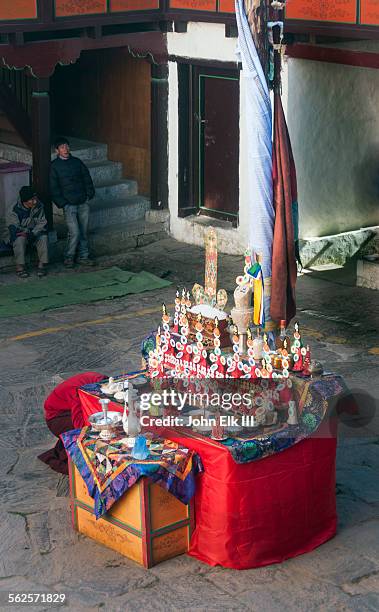 courtyard altar w torma flour and butter offerings - thyangboche monastery stock pictures, royalty-free photos & images