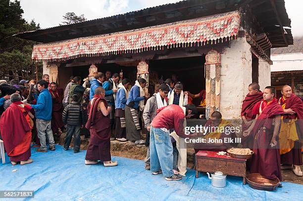 monks blessing pilgrims - mani rimdu festival stock pictures, royalty-free photos & images