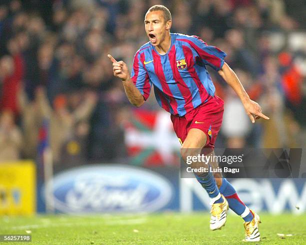 Henrik Larsson of Barcelona celebrates his goal during the UEFA Champions League Group C match between FC Barcelona and Werder Bremen at the Camp Nou...