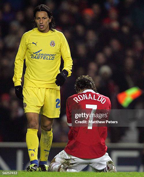 Cristiano Ronaldo of Manchester United looks disappointed after a missed chance during the UEFA Champions League match between Manchester United and...