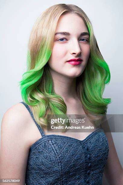 teenage girl with green color in her hair. - hair colour stock pictures, royalty-free photos & images