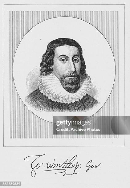 Engraved portrait of John Winthrop, Governor of Massachusetts Bay colony, with his signature, circa 1620.