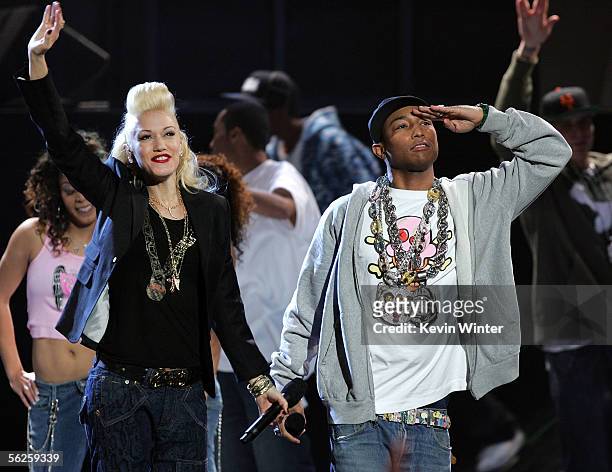Singers Gwen Stefani and Pharrell perform onstage during the 2005 American Music Awards held at the Shrine Auditorium on November 22, 2005 in Los...