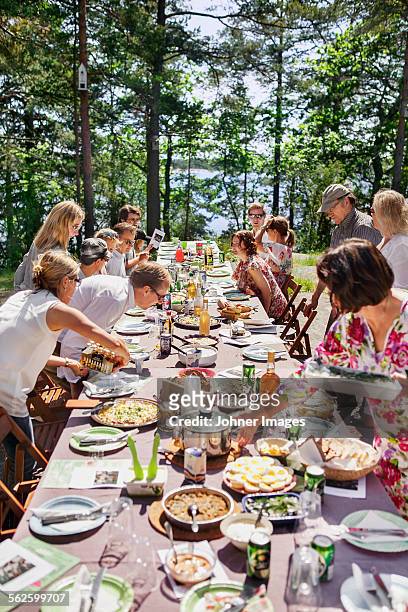 family having meal outdoors - summer solstice photos et images de collection