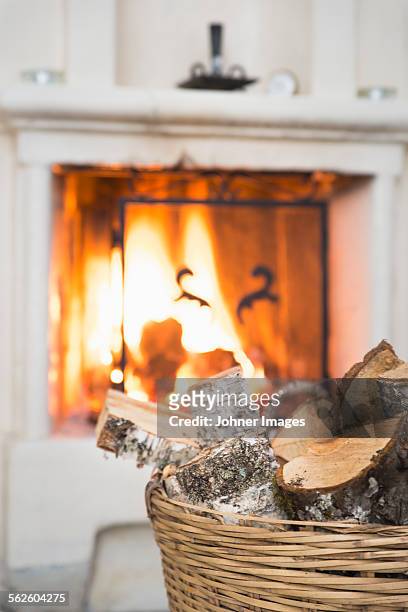 firewood in front of fire - johner images bildbanksfoton och bilder