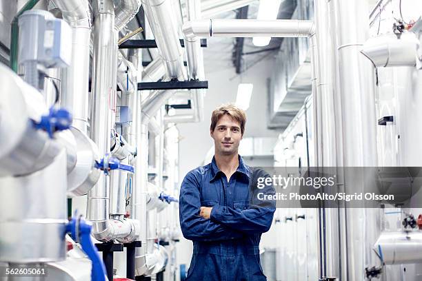 factory worker in industrial plant, portrait - salopette foto e immagini stock