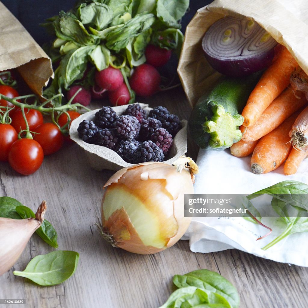 Spring vegetables and fruit