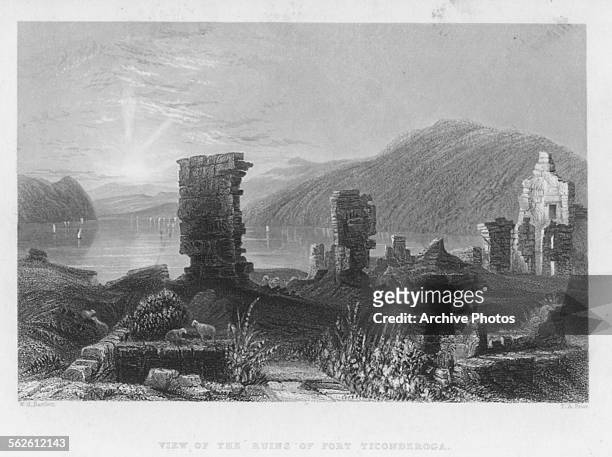 Engraved view of the ruins of Fort Ticonderoga, New York, circa 1800. Engraved by T A Prior from the original by W H Bartlett.