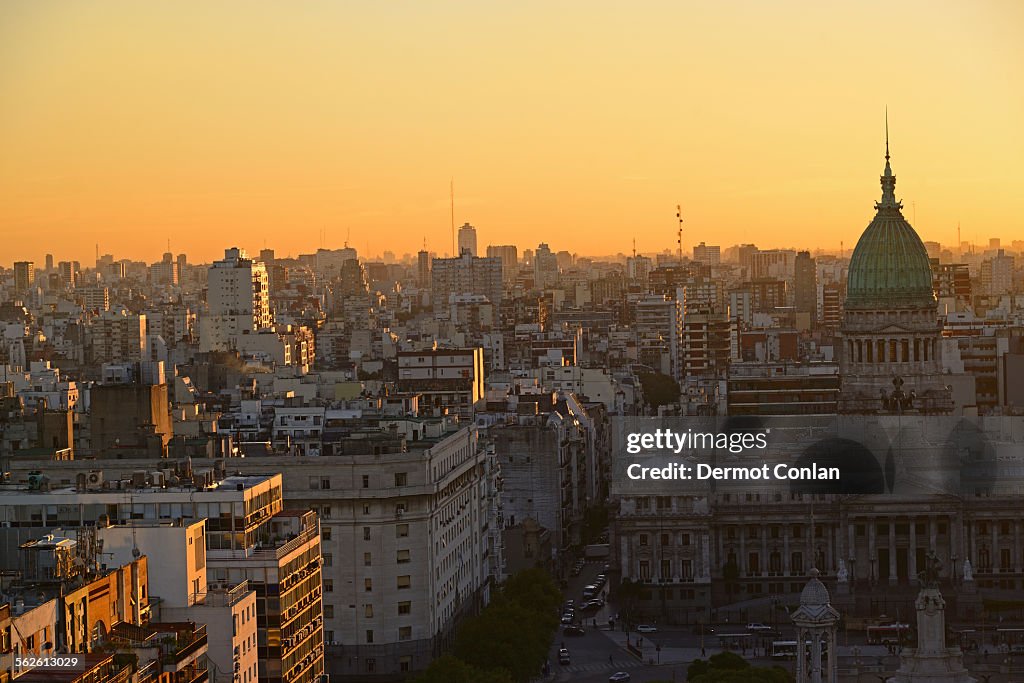 Argentina, Buenos Aires, National Congress Palace and Balvanera barrio at dusk