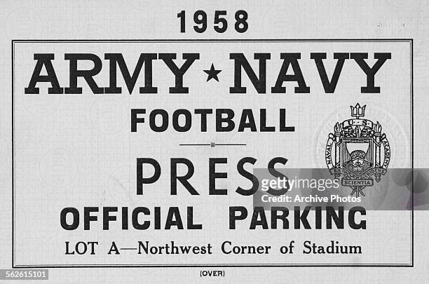 Army Navy football press official parking ticket for Municipal Stadium in Philadelphia, PA, 1958.