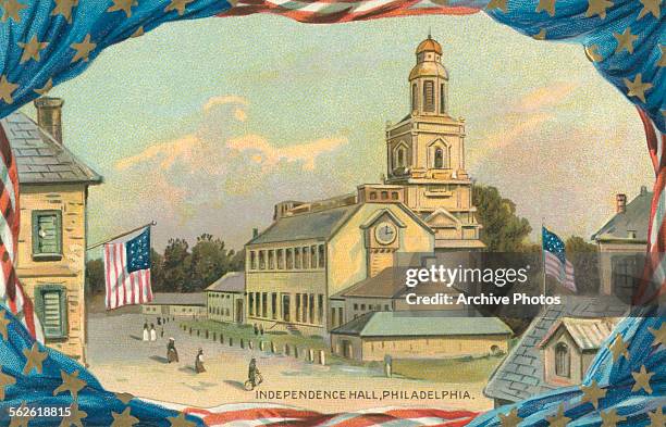 Engraved color postcard of Independence Hall, Philadelphia, circa 1850.