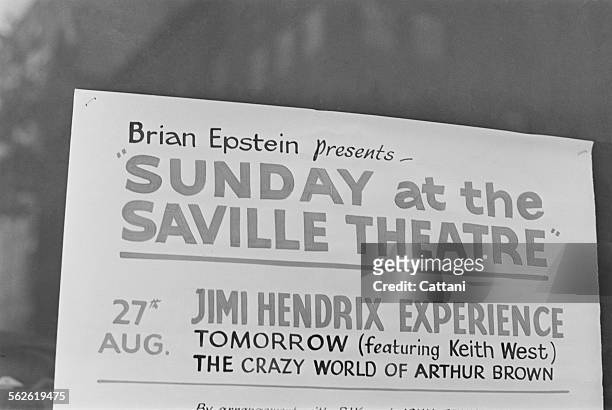 Poster outside the Saville Theatre shortly after the death of Brian Epstein advertising a performance by The Jimi Hendrix Experience, London, 25th...