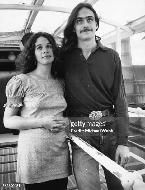 Portrait of American musicians James Taylor and Carole King, in London to perform at Festival Hall, England, July 9th 1971.
