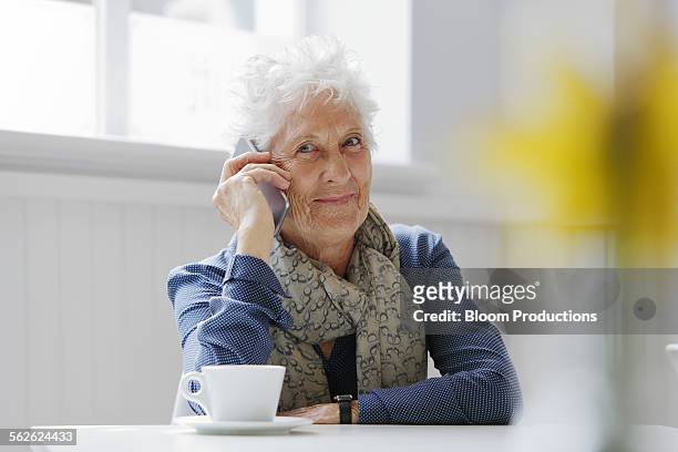 portrait of mature lady using a smart phone - 2015 80-89 stock pictures, royalty-free photos & images