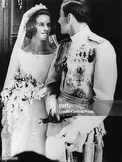 King Constantine of Greece and his bride Anne-Marie on their wedding day, outside Athens Orthodox Cathedral, September 19th 1964.