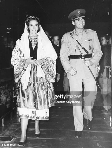 King Constantine of Greece and his wife Anne Marie, who is wearing a traditional local costume, visiting the Dodecanese Islands, October 19th 1965.