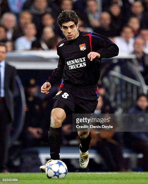 Juninho of Lyon dribbles the ball during the UEFA Champions League group F, match between Real Madrid and Olympique Lyon at the Bernabeu stadium on...