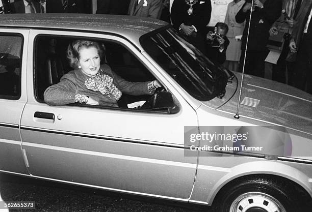 British Prime Minister Margaret Thatcher arriving in her Mini Metro car to open the Intentional Motor Show, Birmingham, England, October 17th 1980.