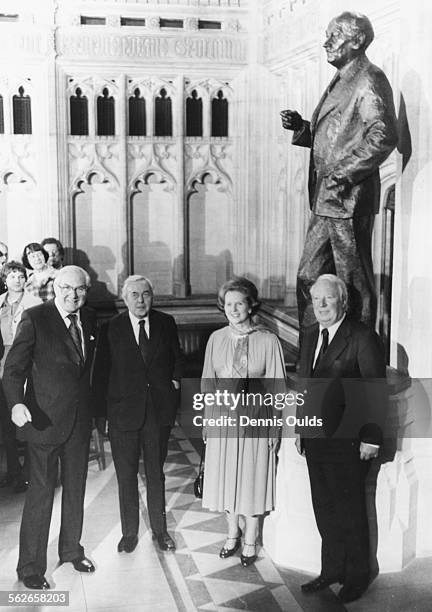British Prime Minister Margaret Thatcher with former Prime Ministers James Callaghan, Harold Wilson and Edward Heath, attending the unveiling of the...