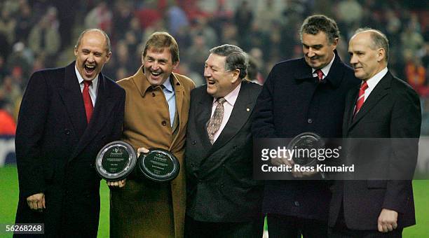 Ex-Liverpool players Phil Neal and Kenny Dalglish are presented with specially designed plaques in recognition of the club's status as "Champions of...