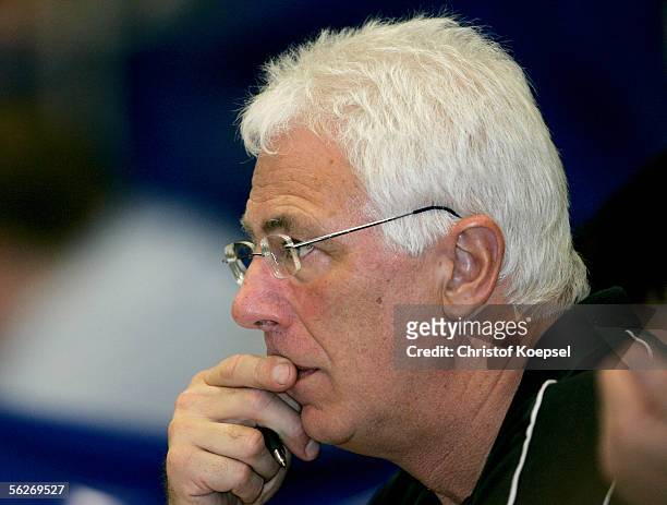 Director of the German Swimming Association Ralf Beckmann looks on during the first day of the German short course championships at the Essener...