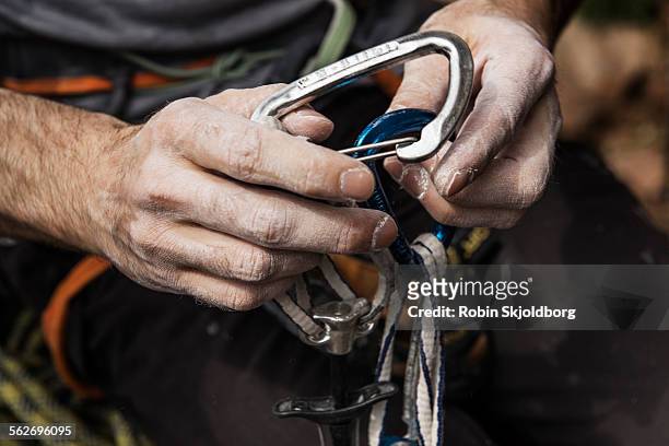 closeup of hands with climbing equipment - カラビナ ストックフォトと画像