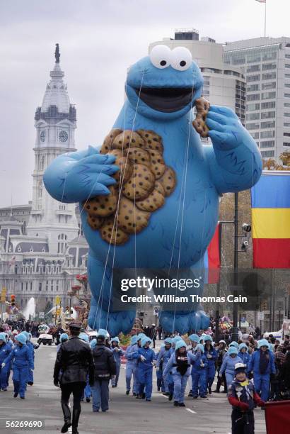 Cookie Monster balloon is pulled along the Benjamin Franklin Parkway during Philadelphia's 86th Annual Thanksgiving Day Parade on November 24, 2005...