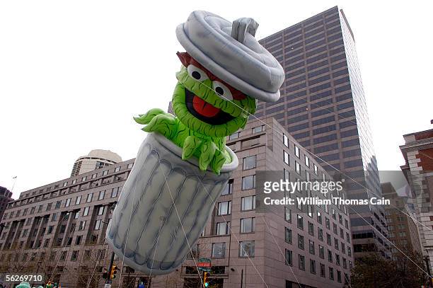 An Oscar the Grouch balloon is pulled along during Philadelphia's 86th Annual Thanksgiving Day Parade on November 24, 2005 in Philadelphia,...