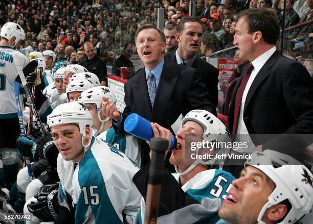 San Jose Sharks head coach Ron Wilson yells at a referee after a Shark goal late in the game against the Vancouver Canucks was disallowed during...
