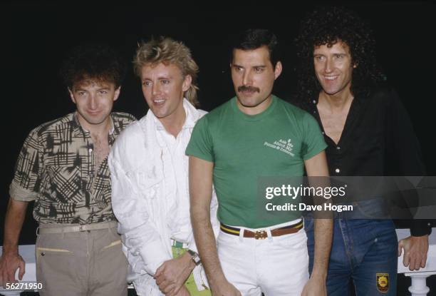 British rock group Queen, from left to right, bassist John Deacon, drummer Roger Taylor, singer Freddie Mercury and guitarist Brian May, 1985.