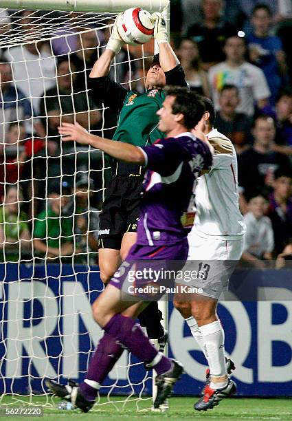 Jets goal keeper Liam Reddy saves a shot on goal during the round 14 A-League match between the Perth Glory and the Newcastle Jets at Members Equity...