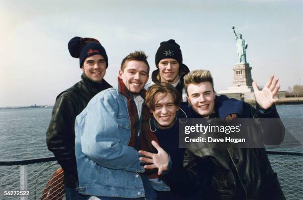 English boy band Take That visit New York, circa 1995. From left to right, Robbie Williams, Jason Orange, Mark Owen , Howard Donald and Gary Barlow.