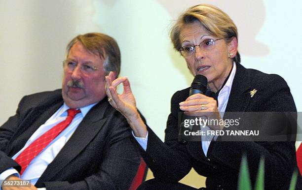French Defence Minister Michele Alliot-Marie and her Belgian counterpart Andre Flahaut answer to journalists during an international meeting at the...