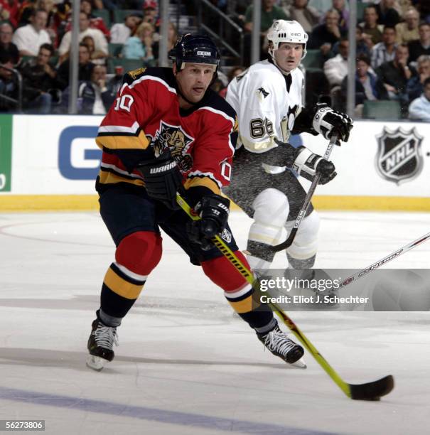 Gary Roberts of the Florida Panthers skates against Mario Lemieux of the Pittsburgh Penguins in the first period at the Bank Atlantic Center on...