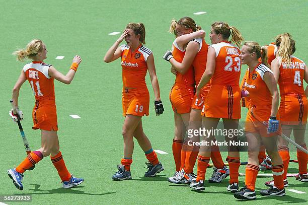 The Netherlands celebrate winning after Maartje Paumen scored from a penalty goal on full time during the Women's Hockey Champions Trophy first round...