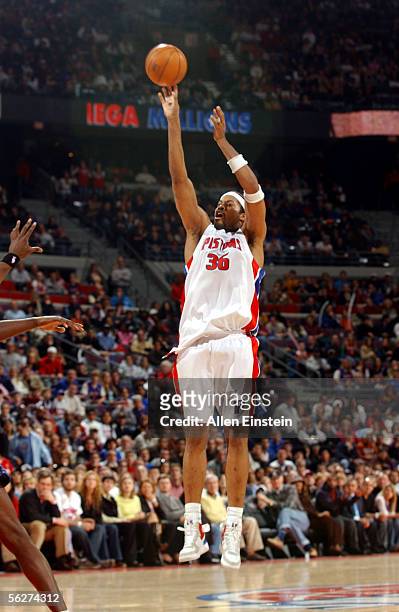 Rasheed Wallace of the Detroit Pistons shoots for three against the Washington Wizards in a game on November 25, 2005 at the Palace of Auburn Hills...