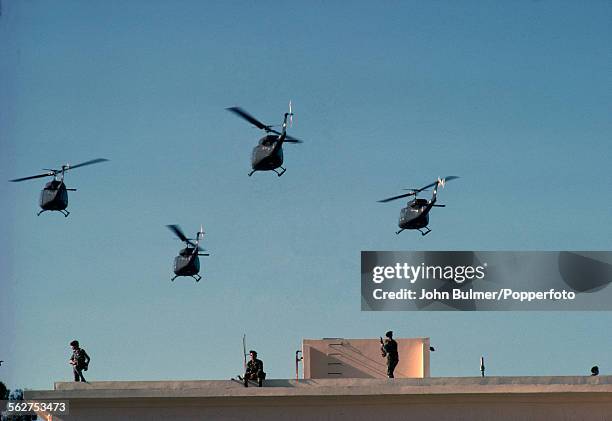 Lebanese Army helicopters in Beirut, Lebanon, 1979.