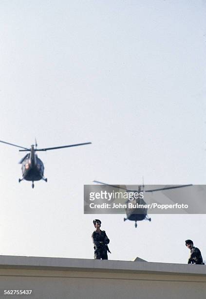 Lebanese Army helicopters in Beirut, Lebanon, 1979.