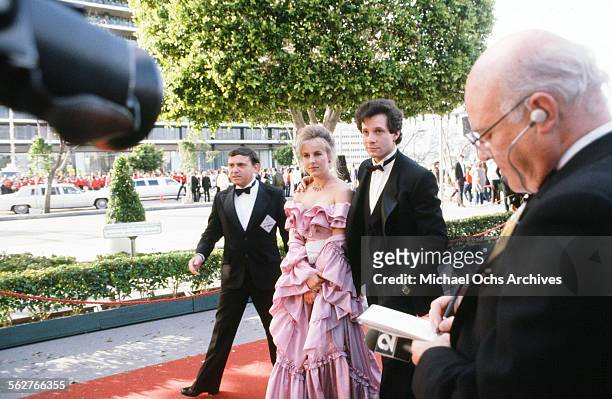 Actress Genie Francis with actor Steve Guttenberg arrive to the 55th Academy Awards at Dorothy Chandler Pavilion in Los Angeles,California.