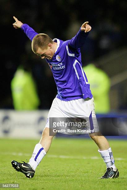 Iain Hume Leicester celebrates after scoing the forth goal during the Coca-Cola Championship match between Leicester City and Sheffield United at the...
