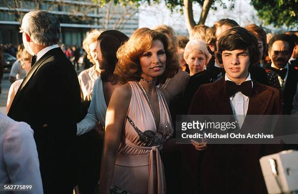 Actress Raquel Welch and son Damon Welch arrives to the 46th Academy Awards at Dorothy Chandler Pavilion in Los Angeles,California.