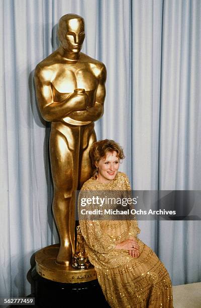 Actress Meryl Streep poses backstage after winning "Best Actress" during the 55th Academy Awards at Dorothy Chandler Pavilion in Los...