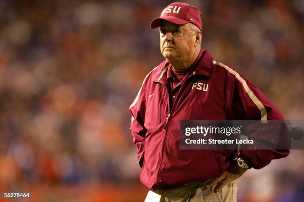 Head coach Bobby Bowden of the Florida State Seminoles watches on during their game against the Florida Gators on November 26, 2005 at Ben Hill...