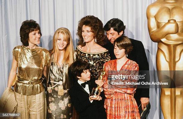Actress Jane Fonda with husband Tom Hayden and family, Amy Fonda Bridgette Fonda ,Troy Garity, Vanessa Vadim poses backstage after accepting her...
