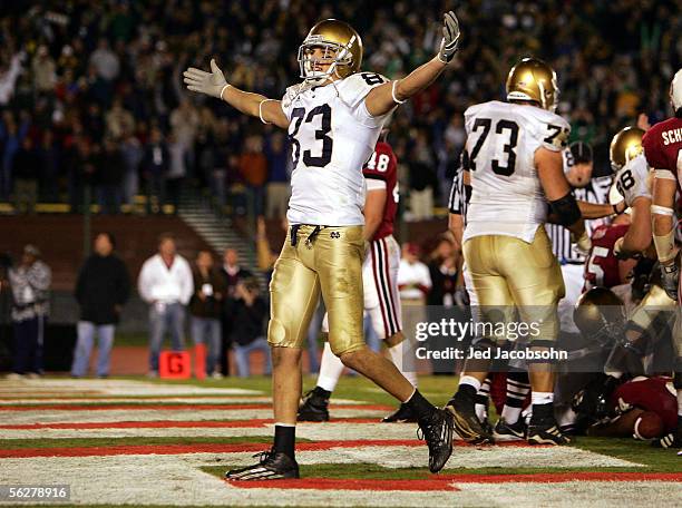 Jeff Samardzija of Notre Dame celebrates Darius Walker's game winning touchdown against Stanford during a game at Stanford University on November 26,...